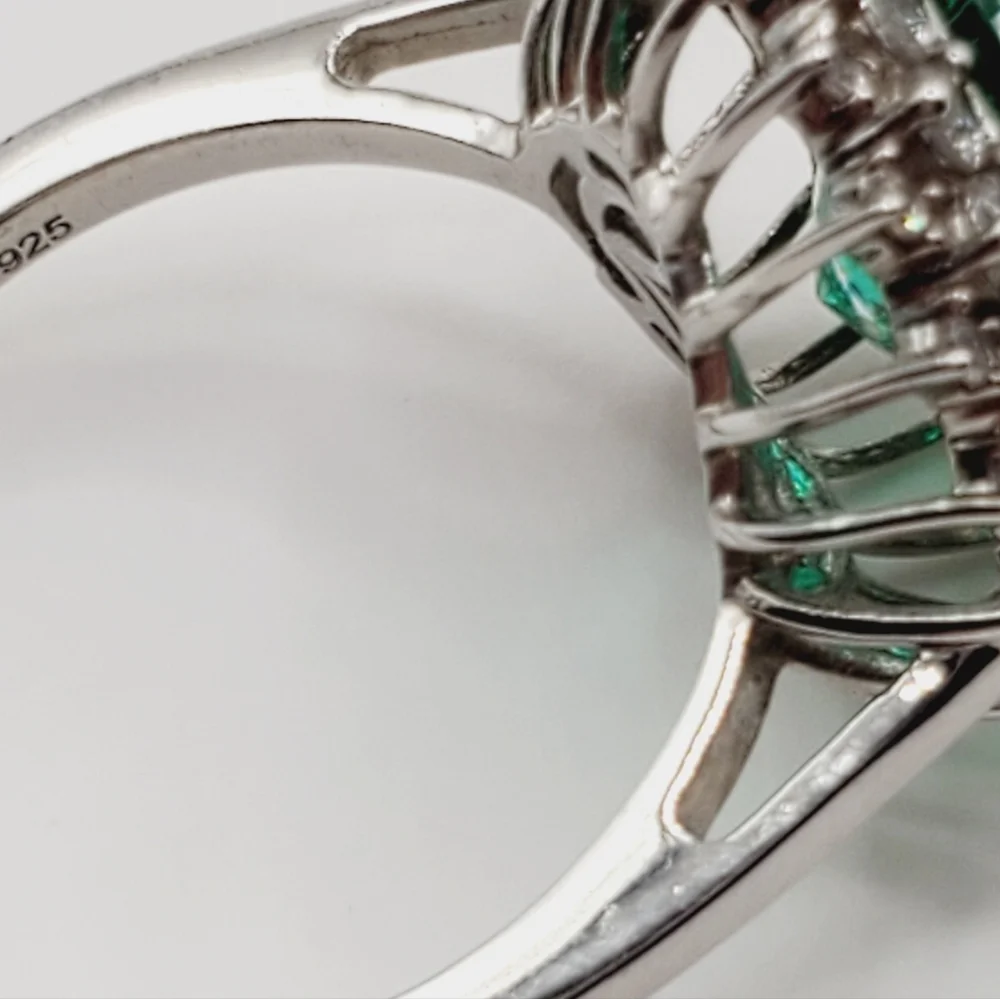 Emerald Green Quartz & White Zircon Halo Ring Platinum - 925 Sterling Silver